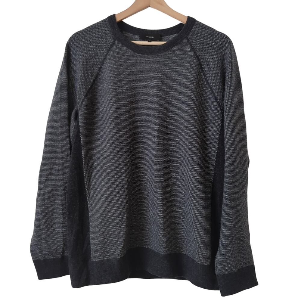 Vince‎ Mens Sweater Large Gray Birds Eye Shirt Wool Cashmere Crew Neck Raglan